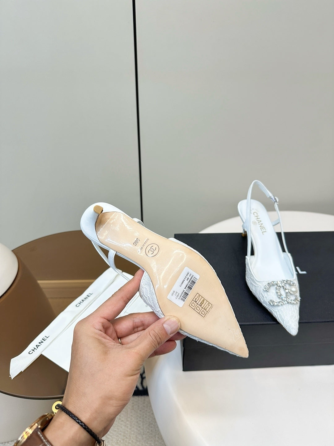 WHITE LACE CRYSTAL SLINGBACK HEELS