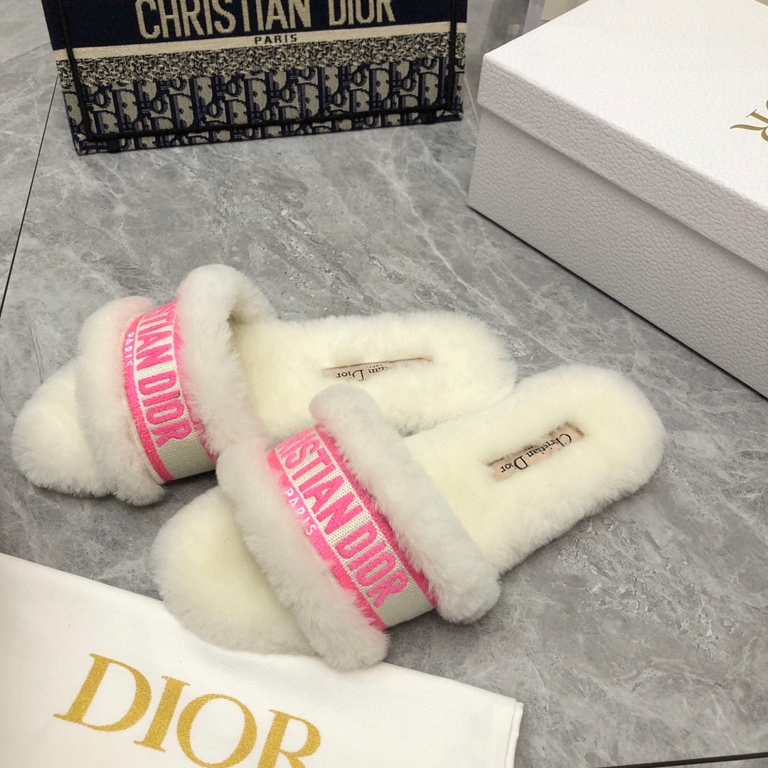 FUR TRIM LOGO STRAP SLIDE SANDALS
