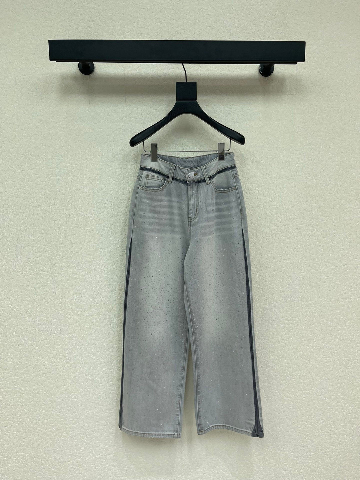 CRYSTAL EMBELLISHED WIDE LEG DENIM JEANS