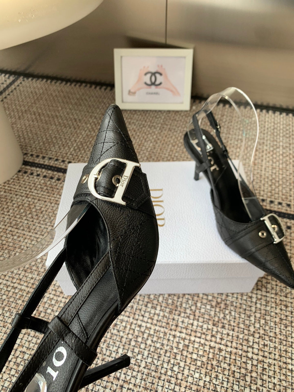 BLACK BUCKLE POINTED SLINGBACK HEELS