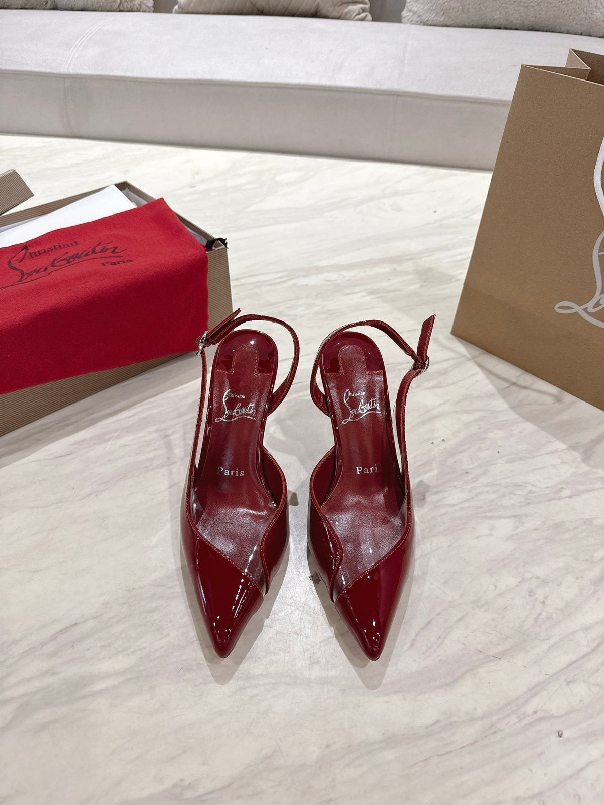 RED PATENT SLINGBACK HEELS WITH PVC DETAIL