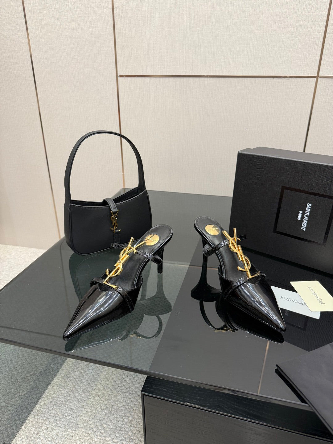 BLACK PATENT POINTED TOE MULE HEELS WITH GOLD DETAIL