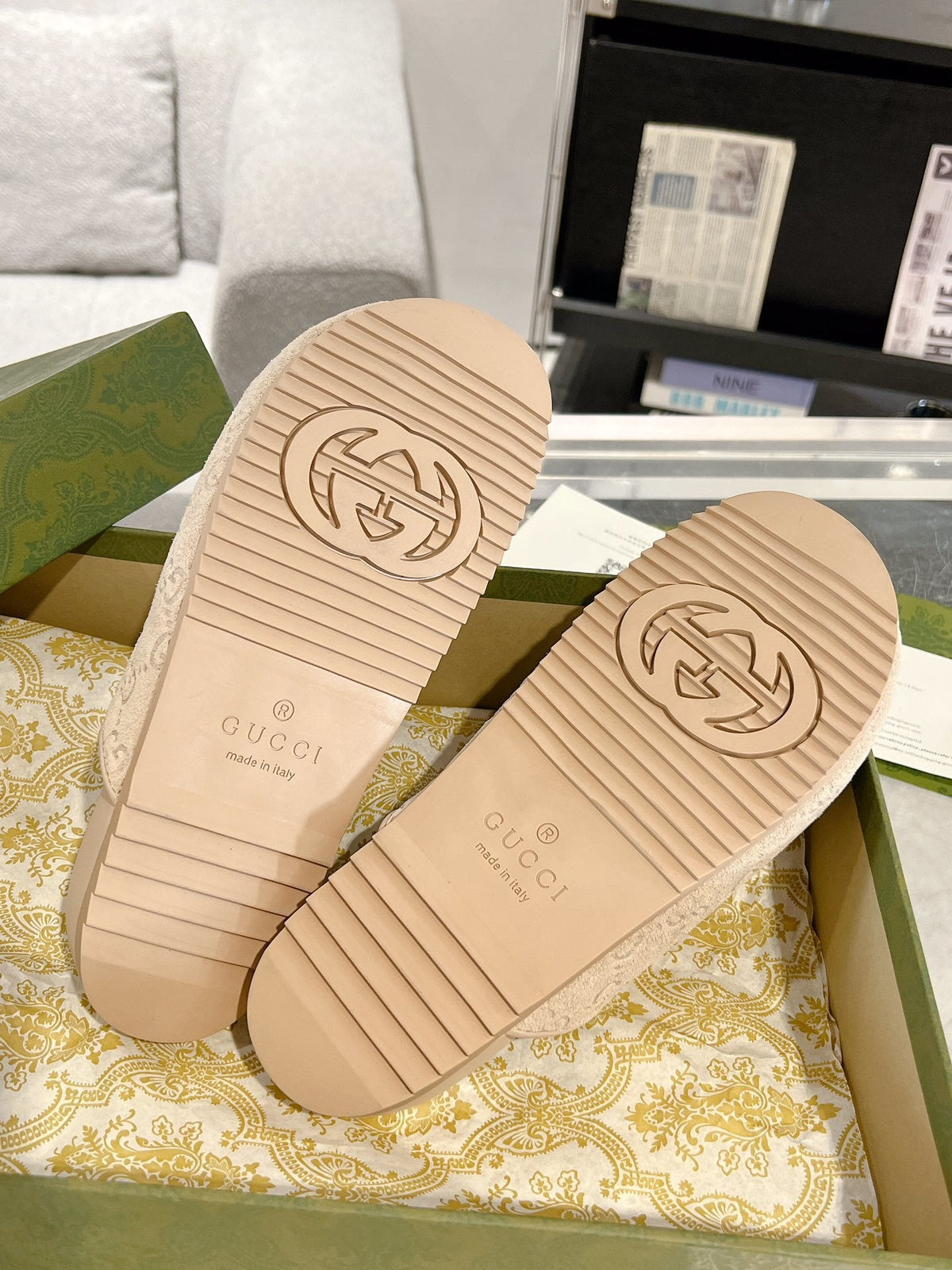 CREAM EMBOSSED MULE SLIDES