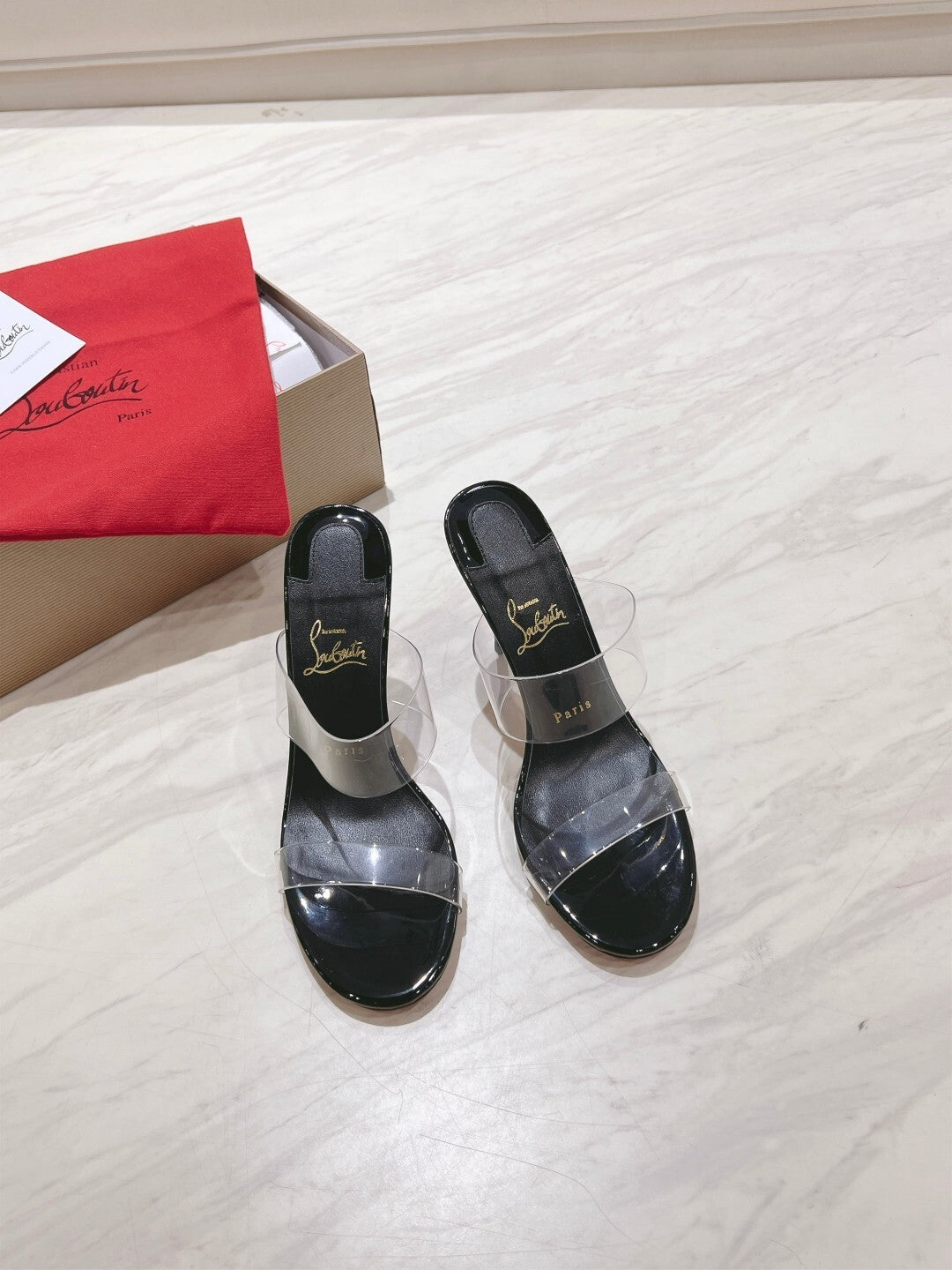 BLACK CLEAR STRAP MULE HEELS