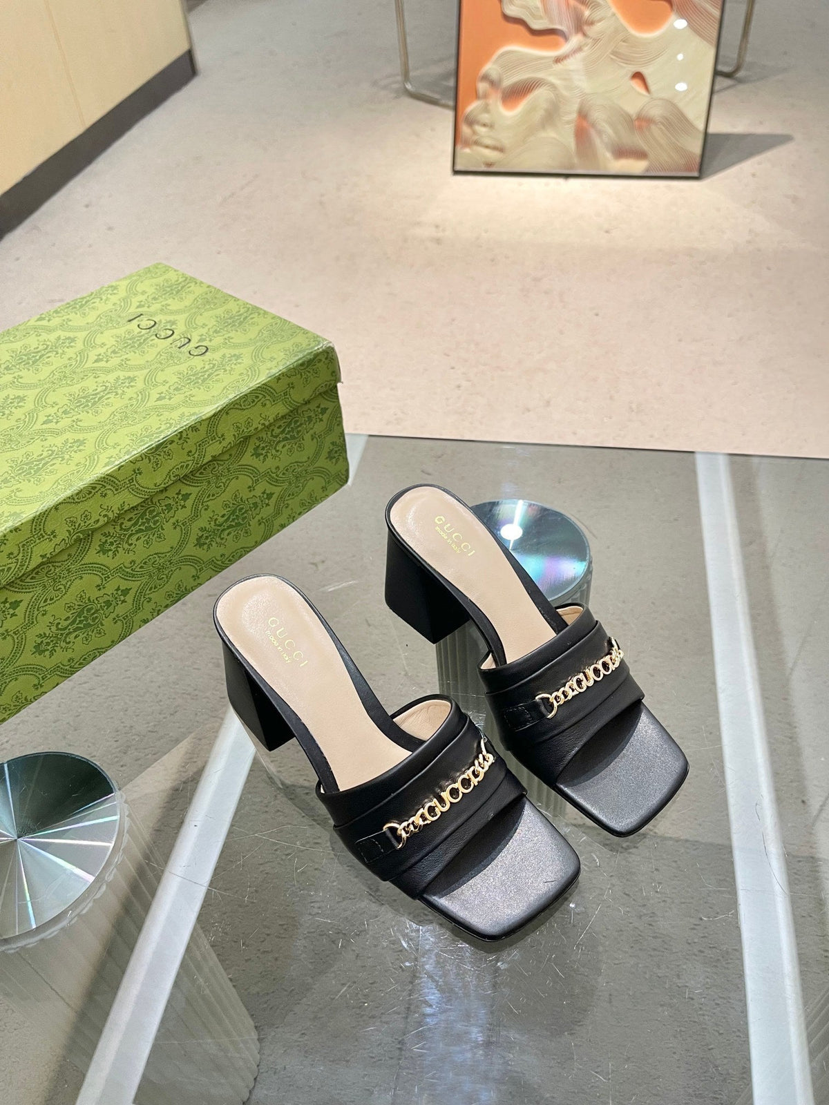 BLACK GOLD CHAIN BLOCK HEEL MULES
