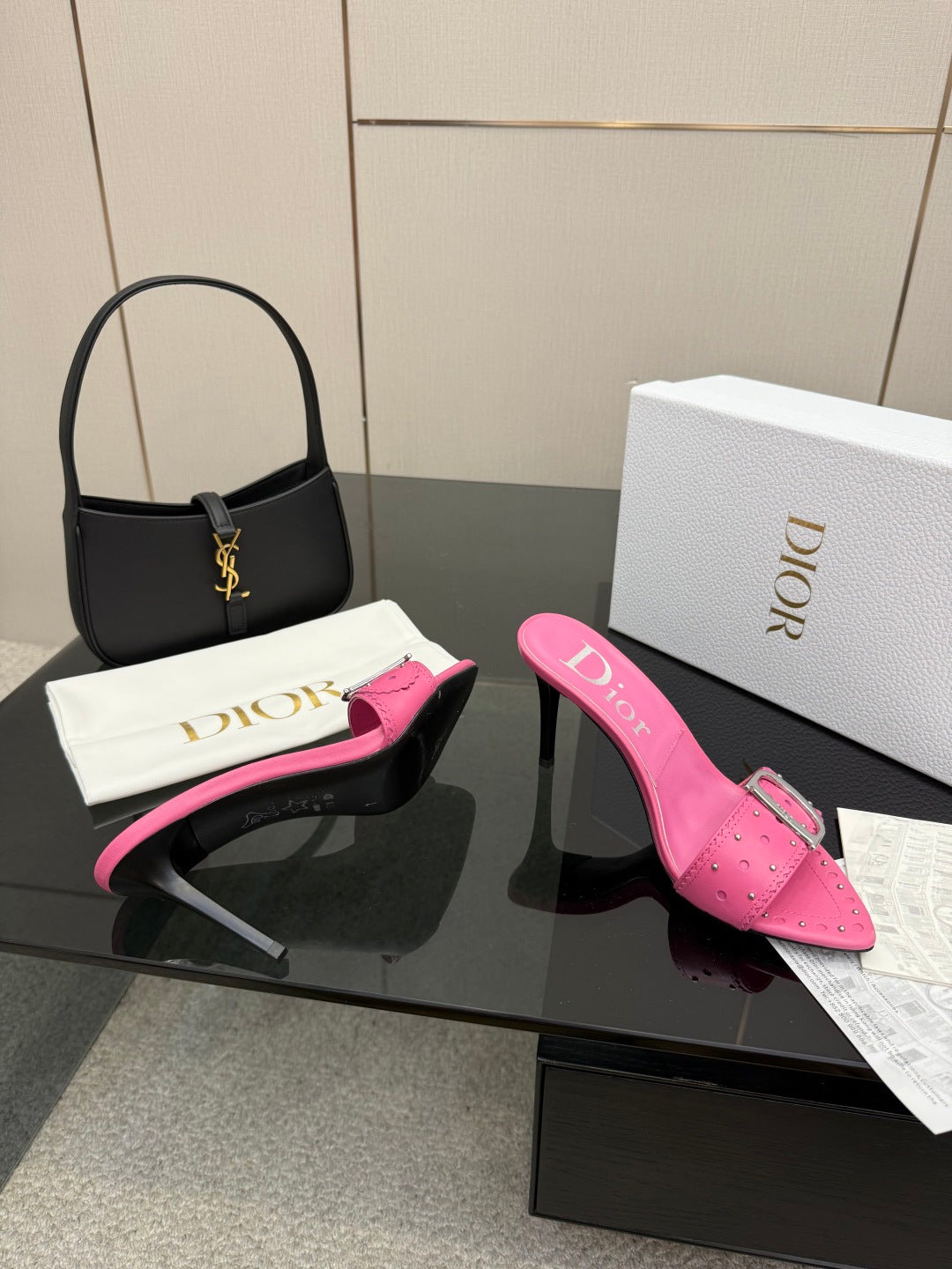 PINK STUDDED LOGO MULE HEELS