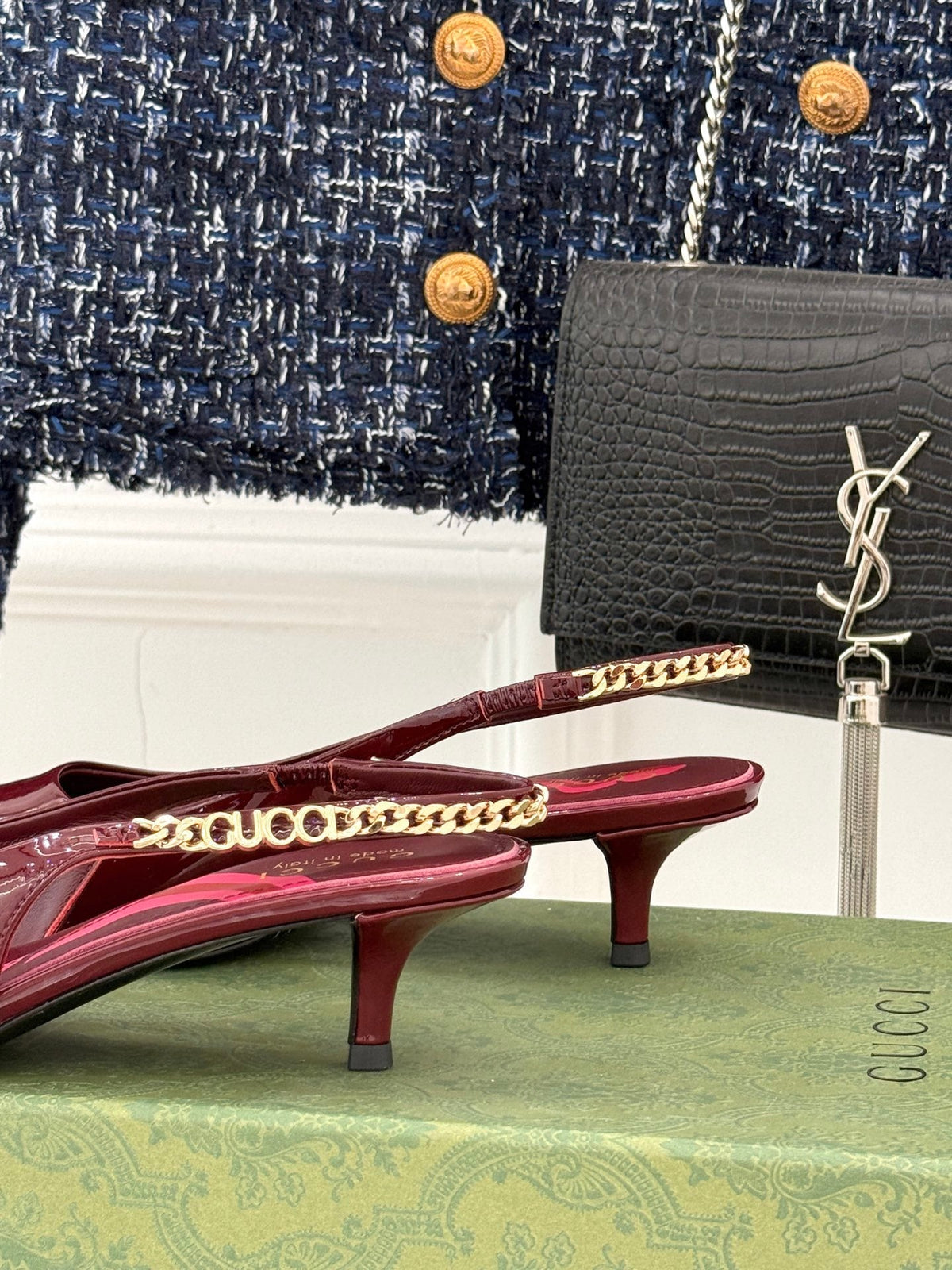 BURGUNDY PATENT CHAIN SLINGBACK HEELS