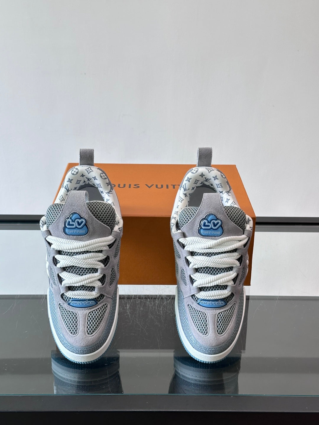 GREY AND BLUE LACE-UP SNEAKERS WITH MESH DETAILING