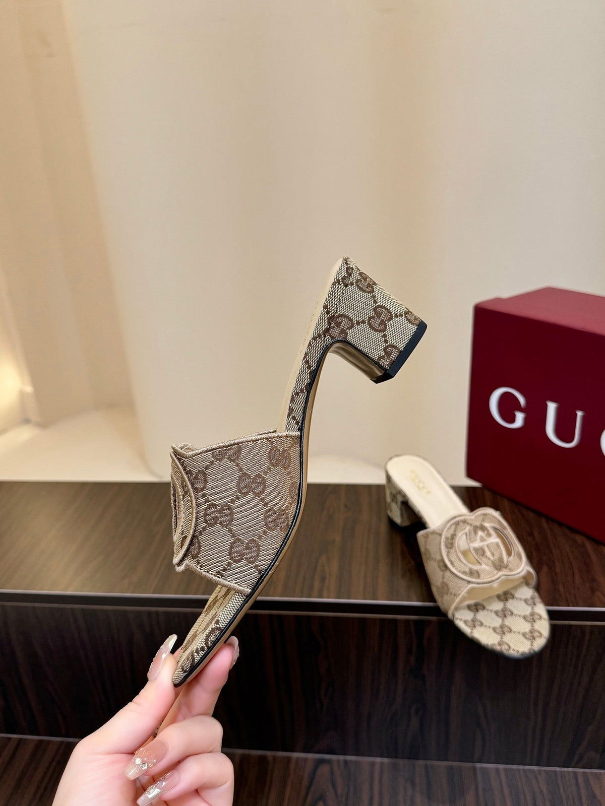 BEIGE MONOGRAM BLOCK HEEL MULES