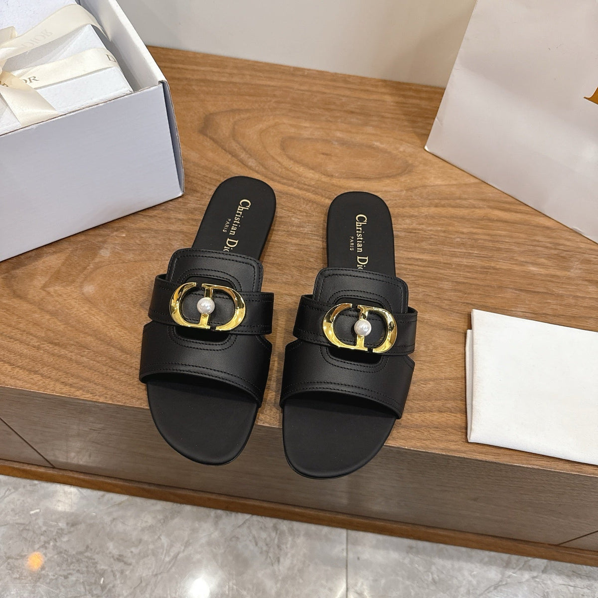 BLACK LEATHER GOLD BUCKLE SLIDE SANDALS