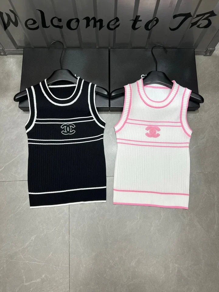 STRIPED LOGO RIBBED KNIT SLEEVELESS TOP