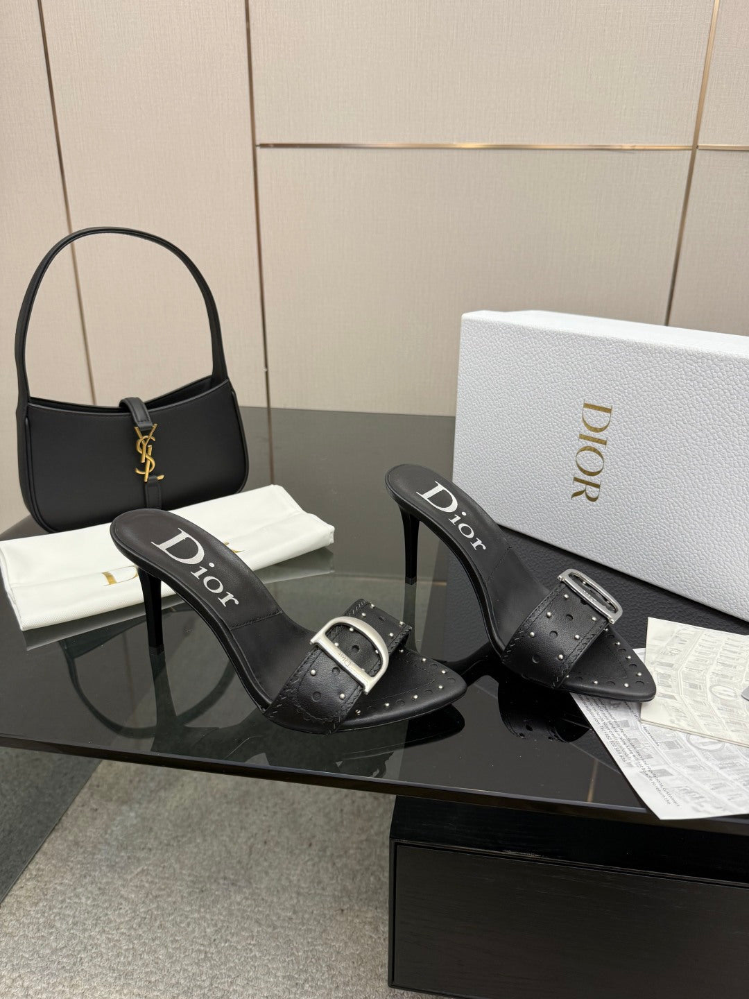 BLACK STUDDED LOGO MULE HEELS