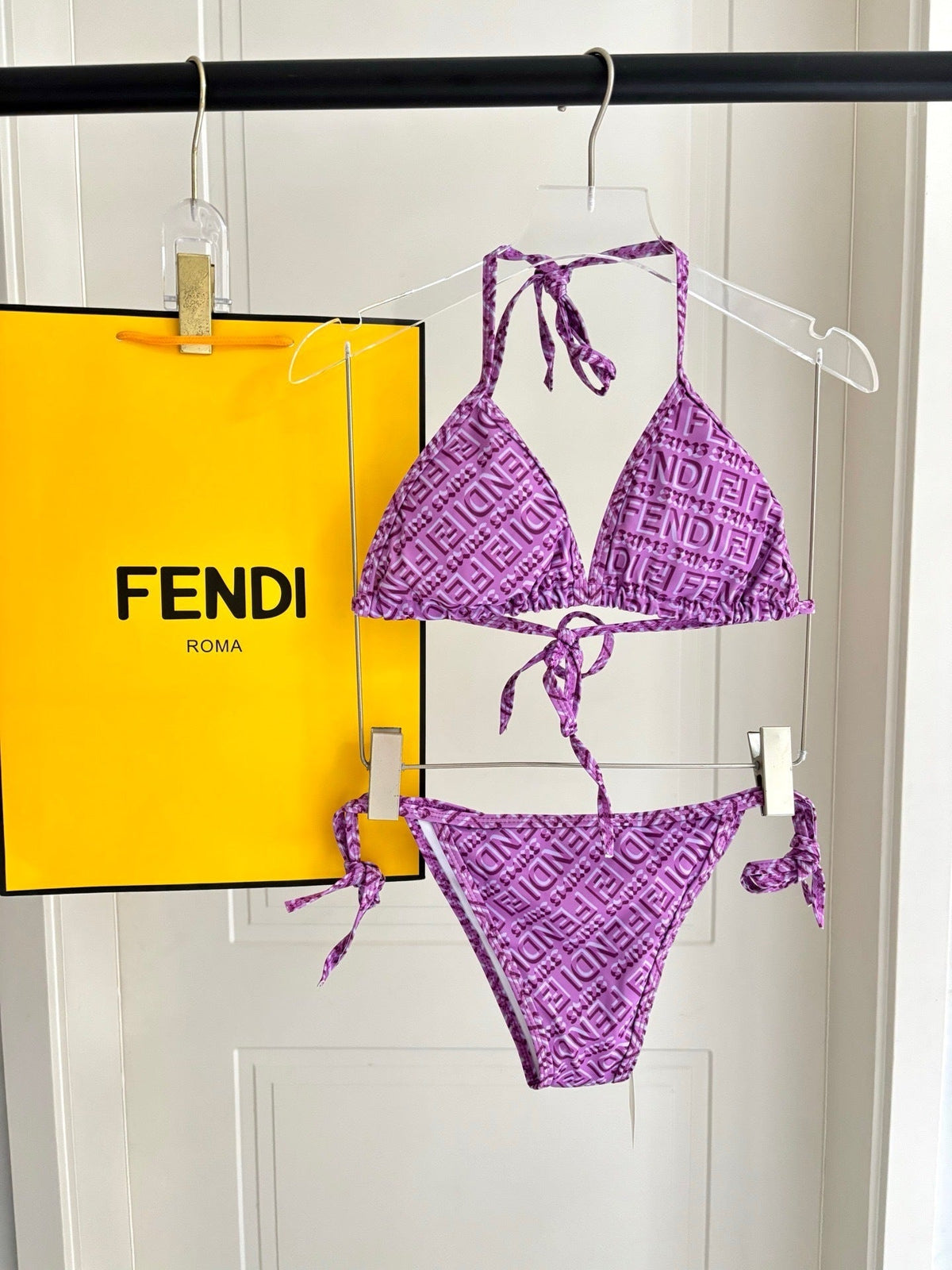 PURPLE TEXTURED MONOGRAM STRING BIKINI SET
