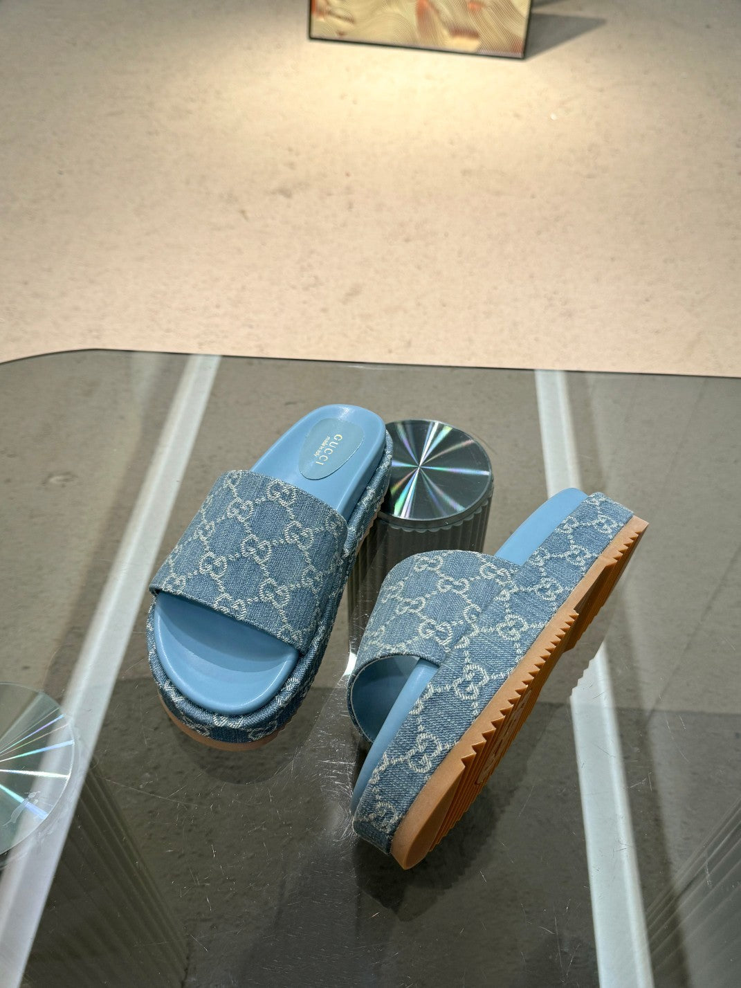 DENIM MONOGRAM PLATFORM SLIDE SANDALS