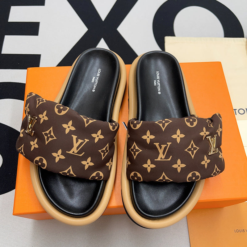 MONOGRAM PUFF STRAP PLATFORM SLIDE SANDALS