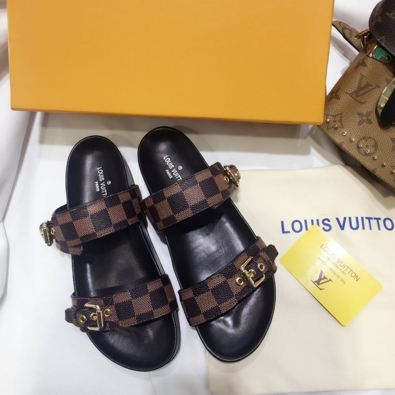 BROWN CHECKERED DOUBLE STRAP DESIGNER SLIDES