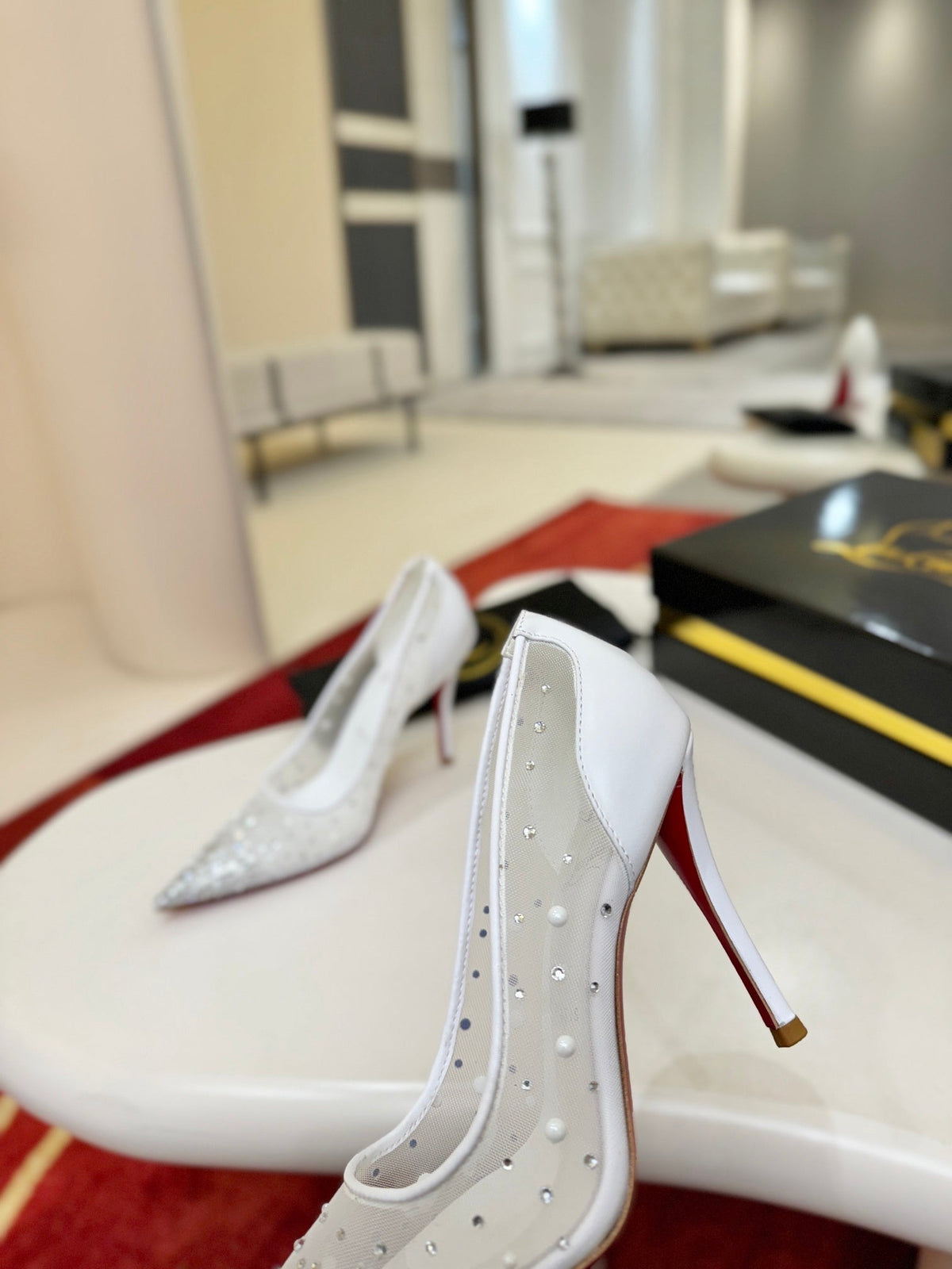 WHITE RHINESTONE POINTED HEELS