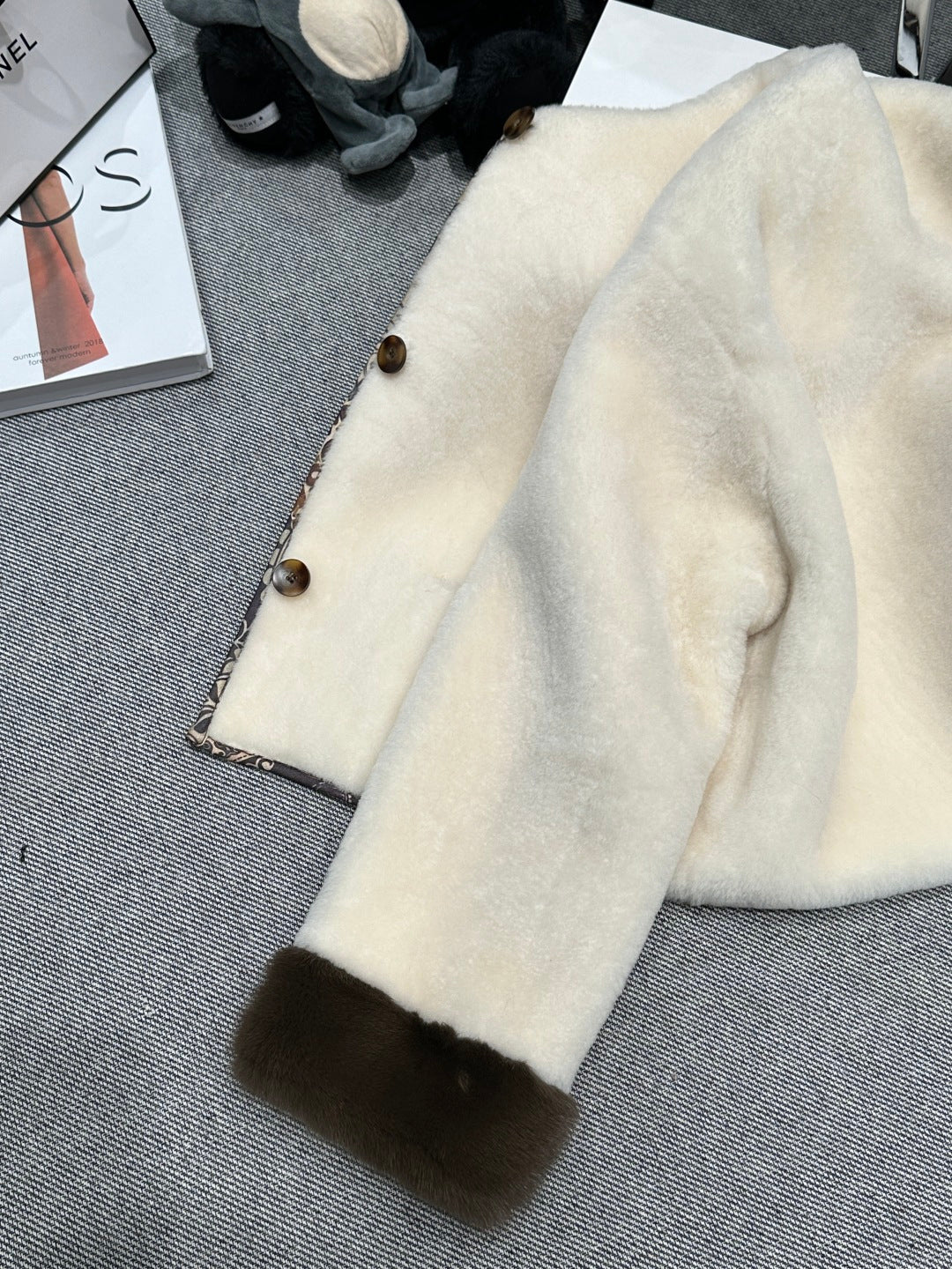 IVORY SOFT-SHEARLING JACKET WITH PATTERNED TRIM DETAILS
