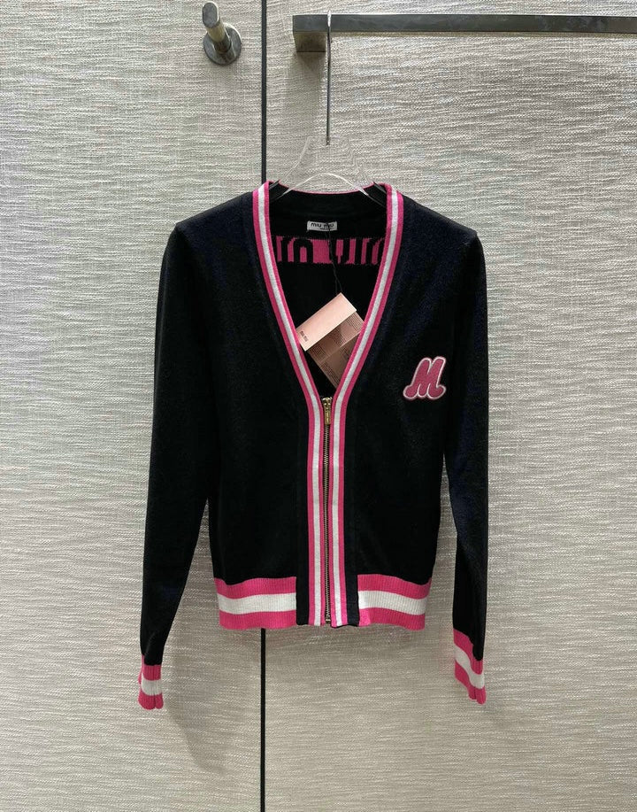ZIP-UP CONTRAST KNIT CARDIGAN