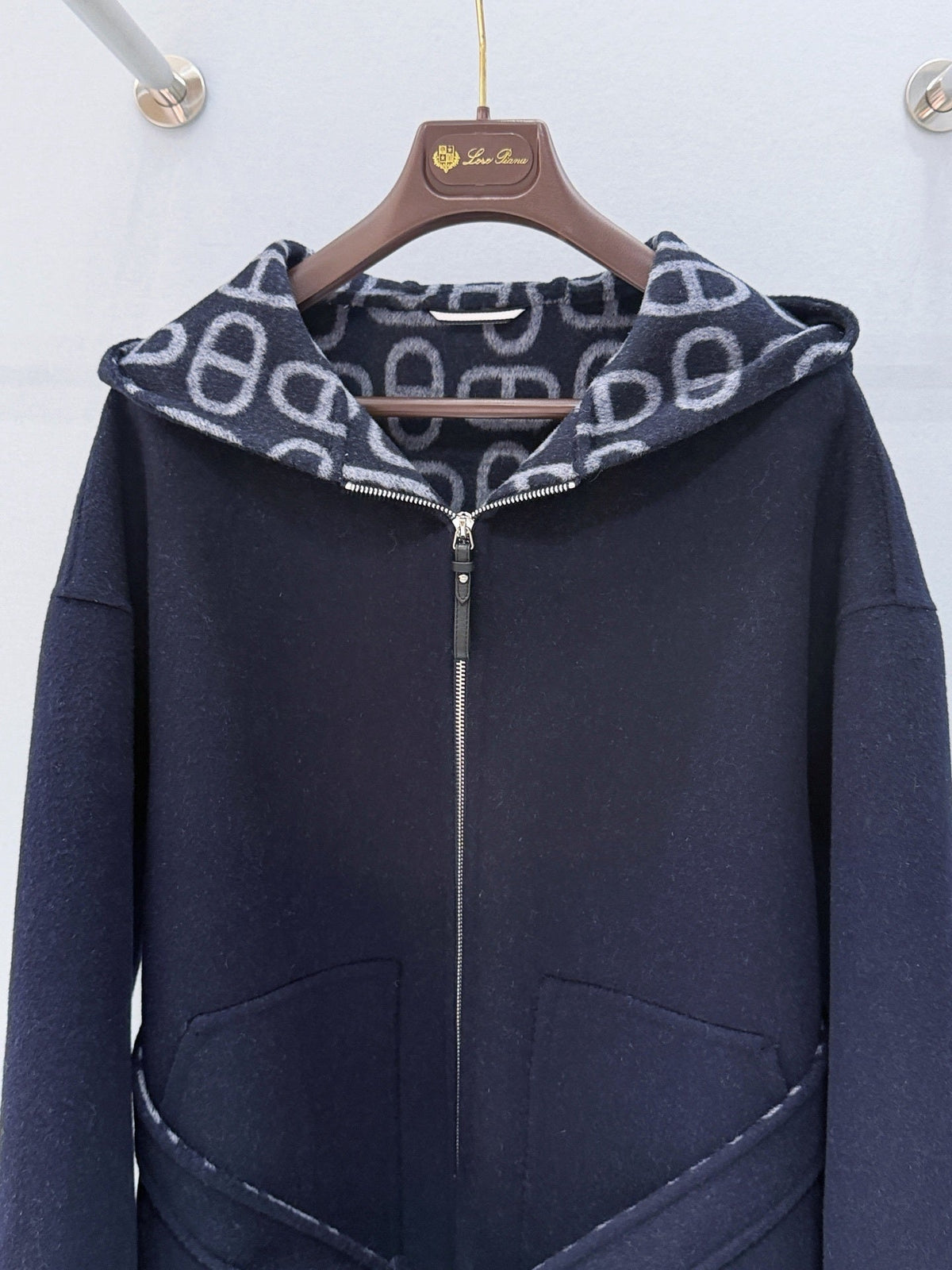 NAVY LONG COAT WITH HOOD, ZIP FRONT AND WAIST TIE