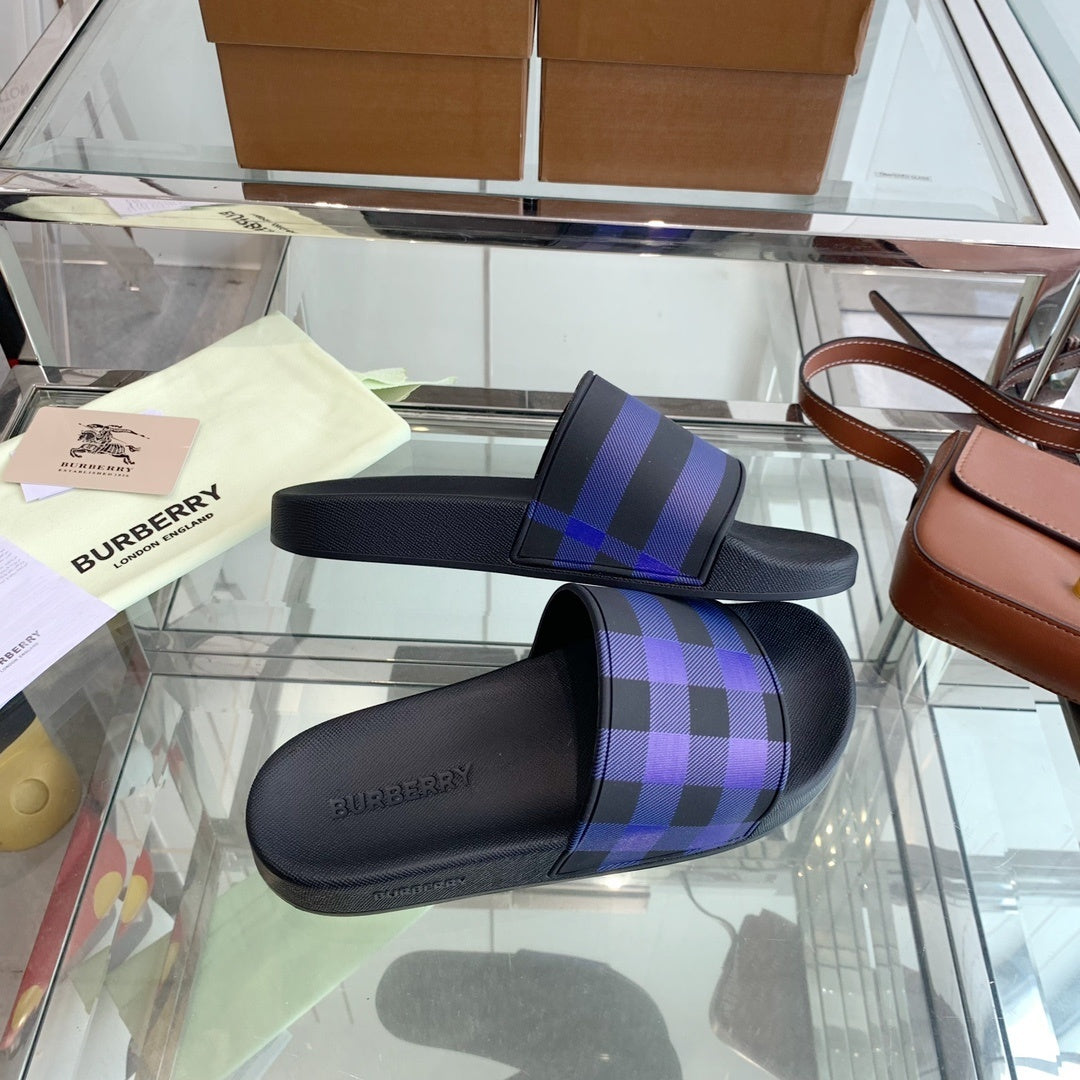 BLACK & PURPLE CHECK PRINT SLIDE SANDALS