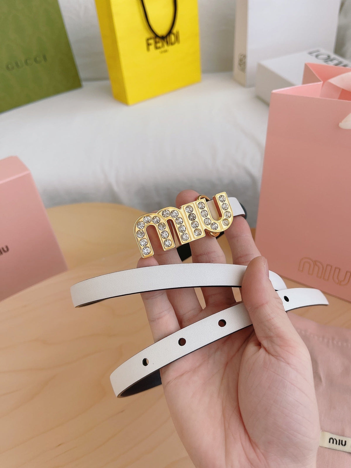 WHITE LEATHER BELT WITH CRYSTAL LETTER BUCKLE