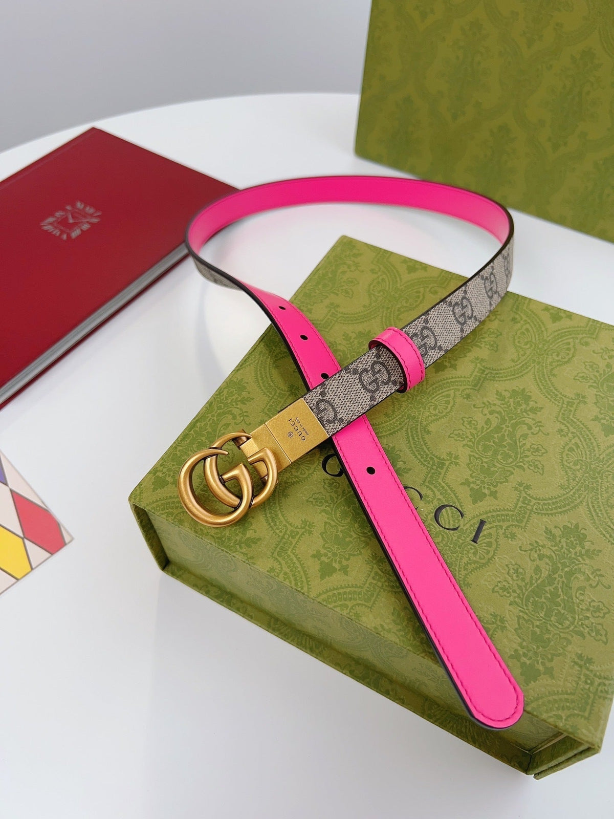 REVERSIBLE MONOGRAM BELT WITH PINK LEATHER AND GOLD DOUBLE RING BUCKLE