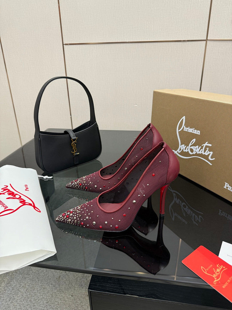 BURGUNDY RHINESTONE MESH PUMPS