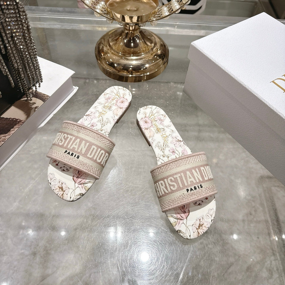 FLORAL PRINT LOGO STRAP SLIDE SANDALS
