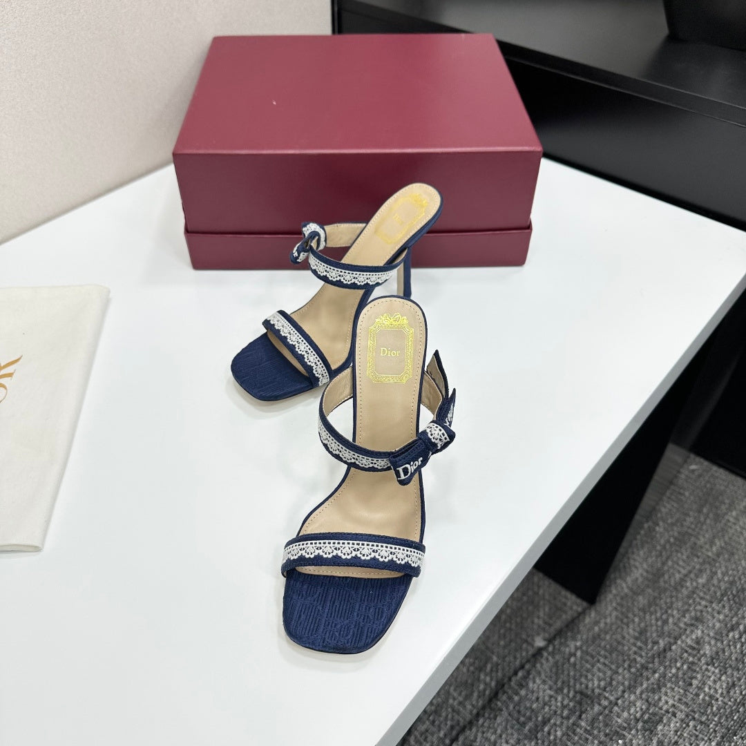 NAVY LACE TRIM LOGO STRAP HEEL SANDALS