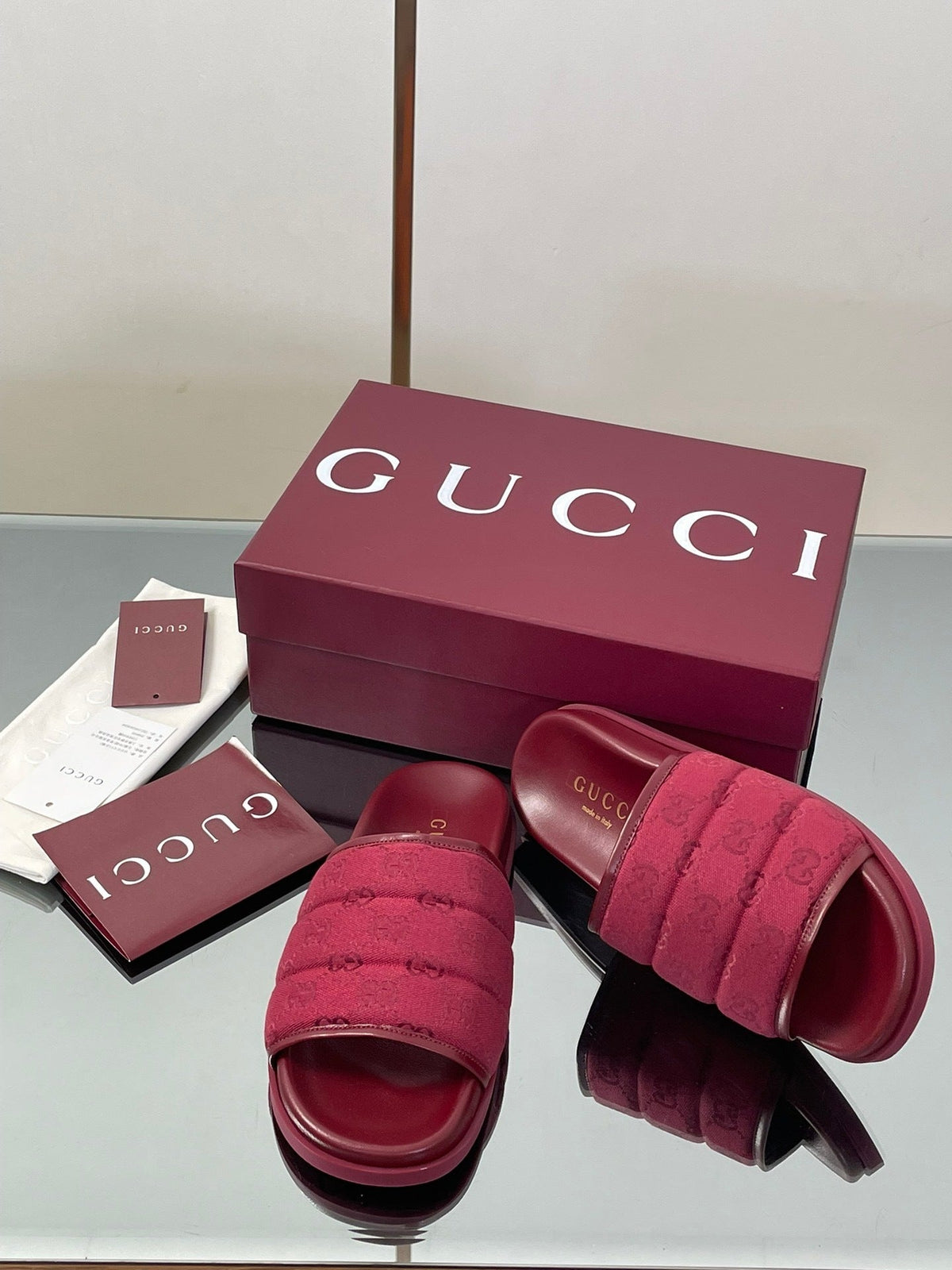 RED PADDED SLIDE SANDALS