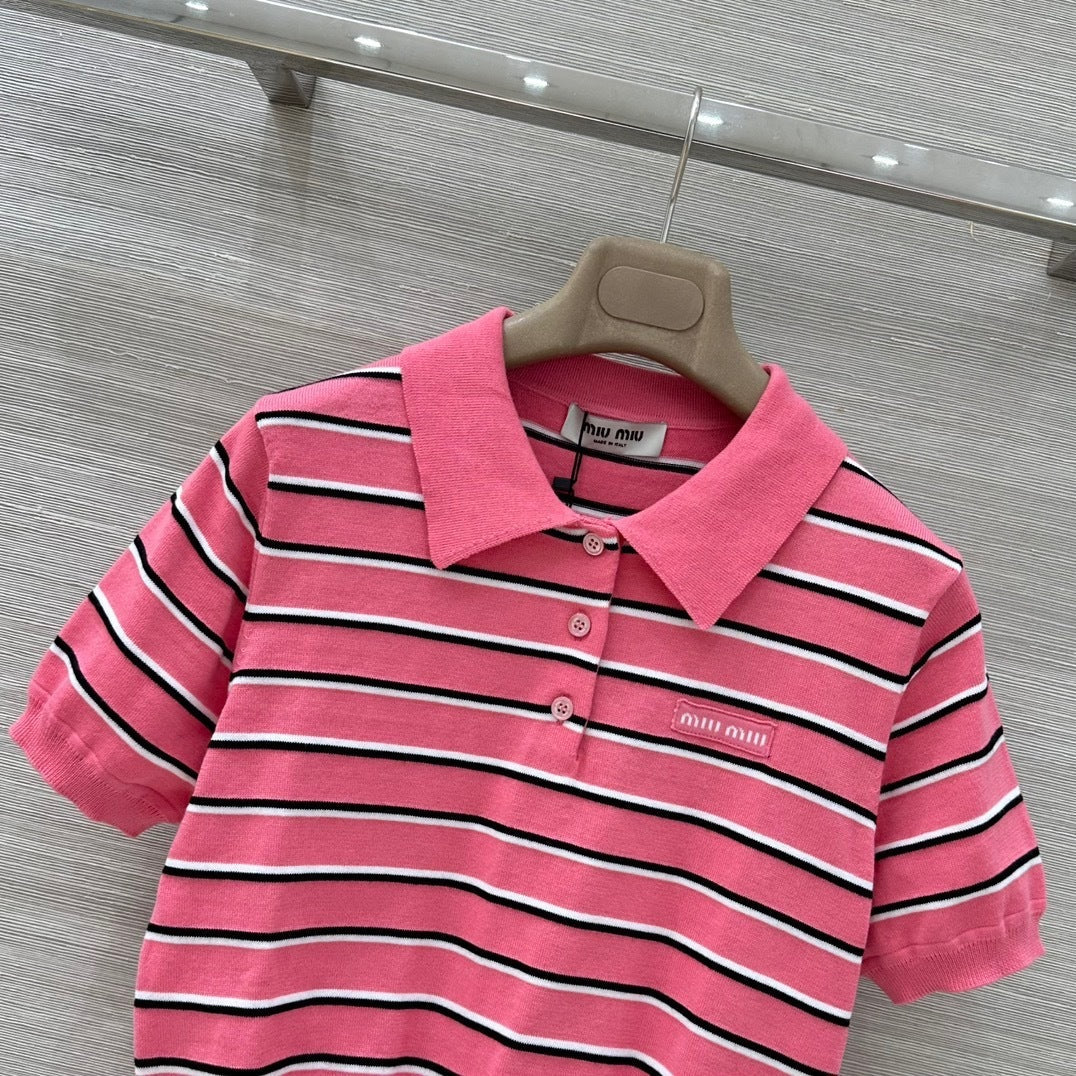 STRIPED KNIT POLO TOP