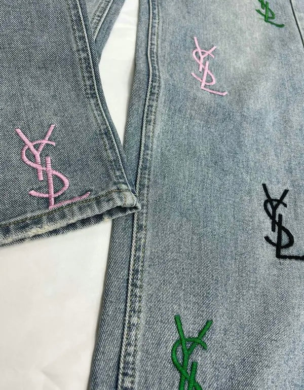 MULTI-COLOR LOGO EMBROIDERED STRAIGHT LEG JEANS