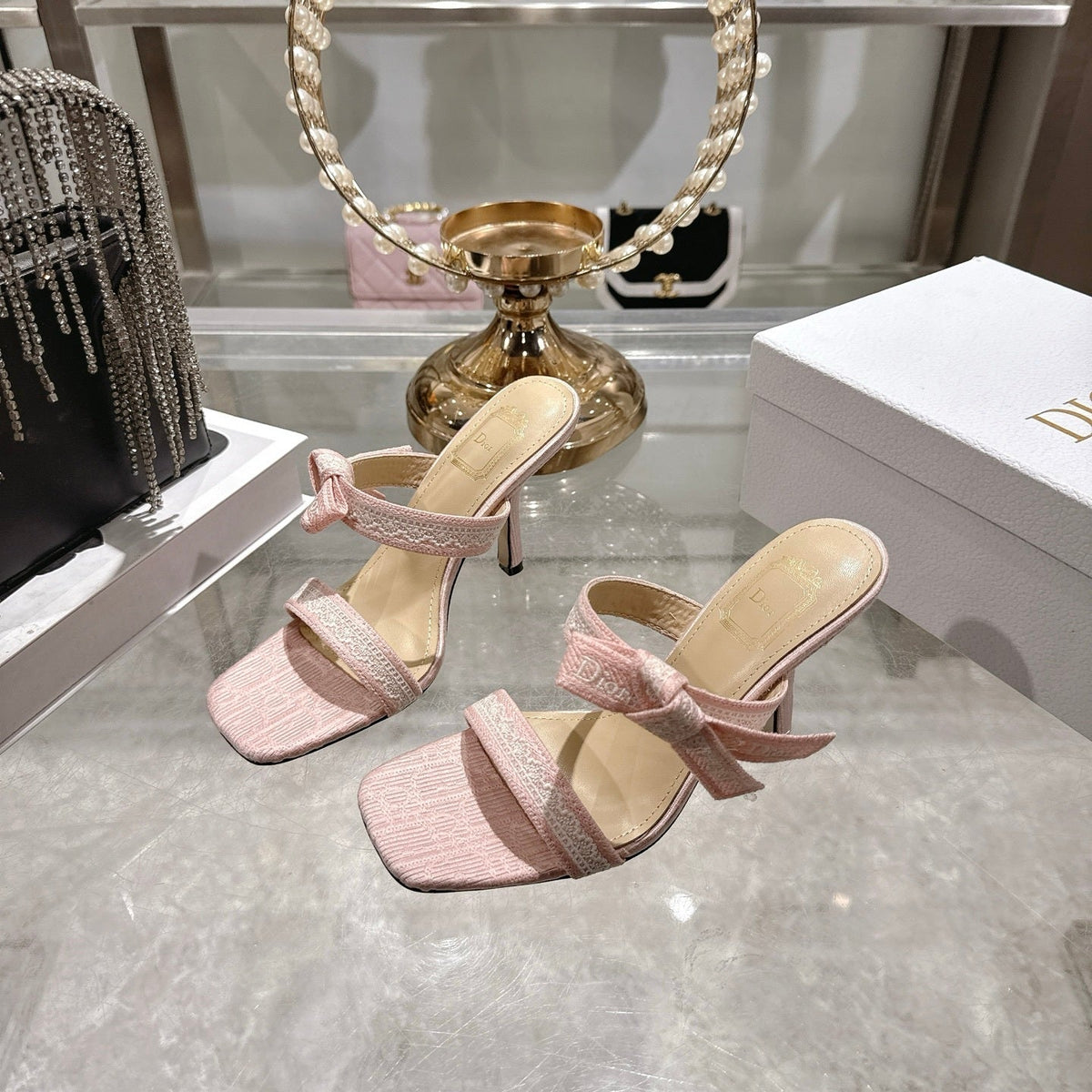 BOW-DETAIL JACQUARD HEELED MULE SANDALS