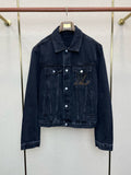 DARK WASH DENIM JACKET WITH EMBROIDERED DETAIL