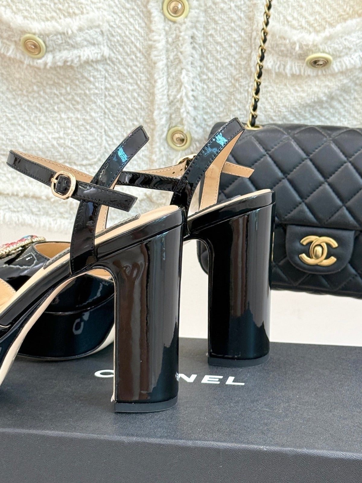 BLACK PATENT PLATFORM CRYSTAL HEELS