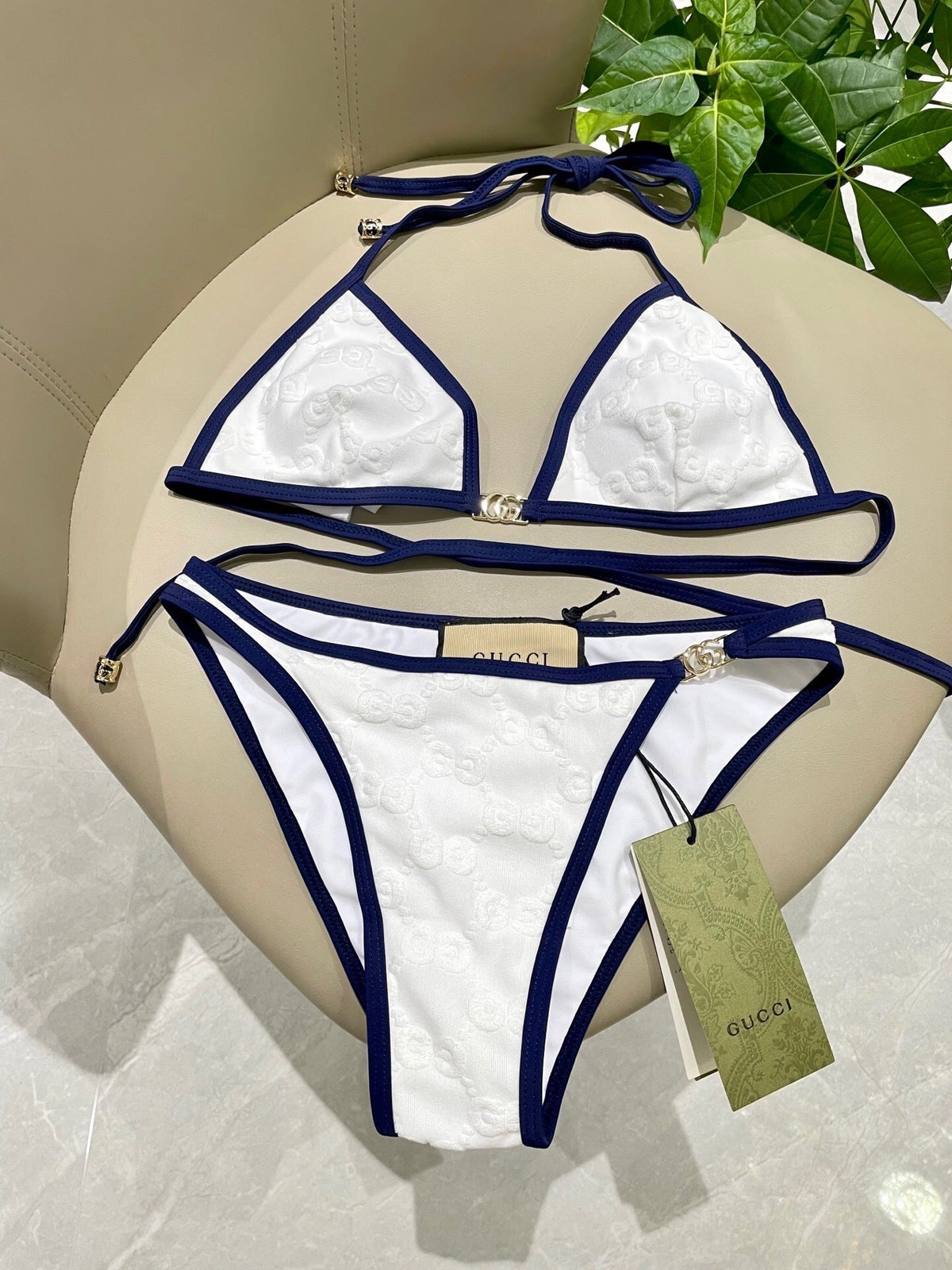 CONTRAST TRIM MONOGRAM STRING BIKINI SET