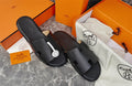 CLASSIC BLACK H-CUT LEATHER SLIDE SANDALS
