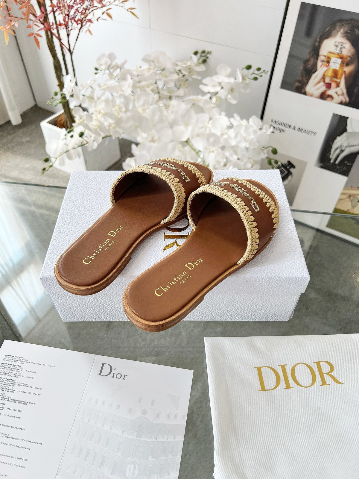 TAN WOVEN LOGO STRAP FLAT SLIDES