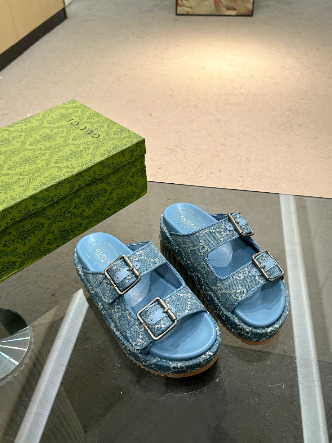BLUE DENIM MONOGRAM DOUBLE-STRAP PLATFORM SANDALS