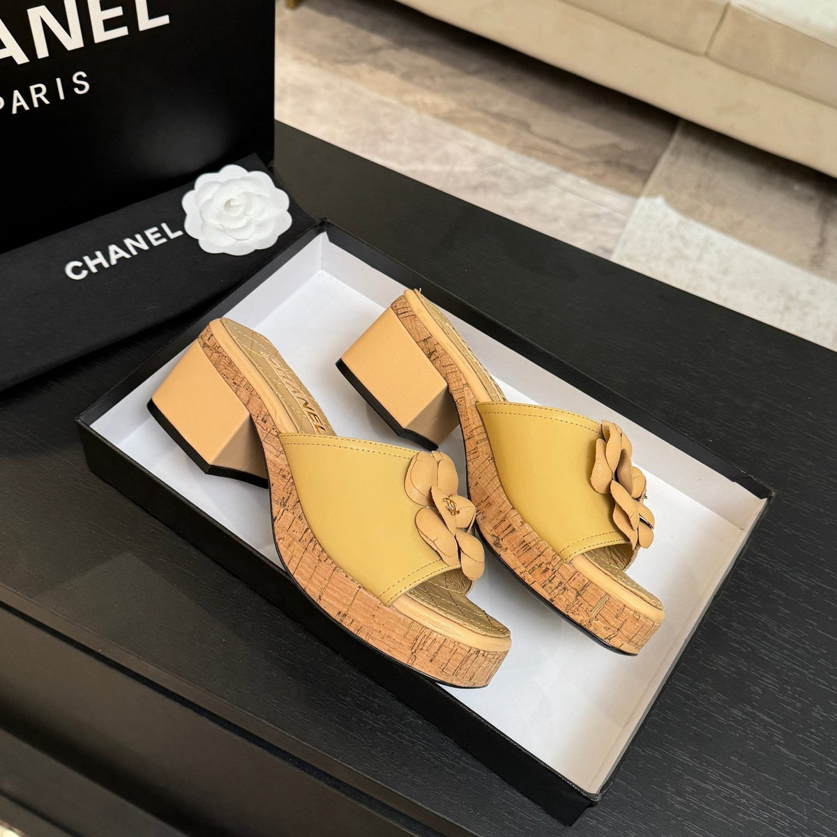 BUTTER YELLOW FLORAL PLATFORM SLIDE SANDALS