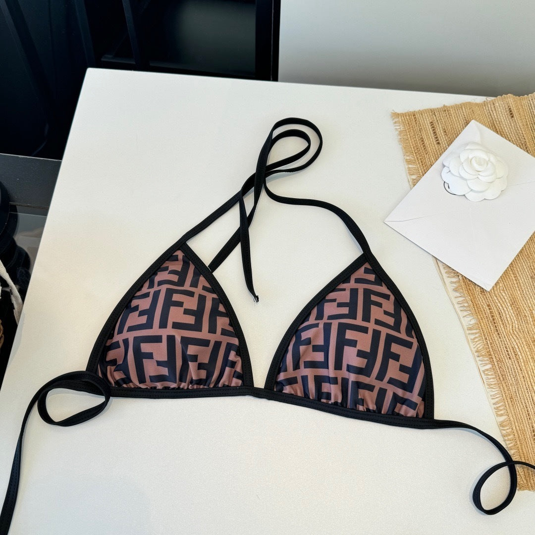 BROWN MONOGRAM TRIANGLE STRING BIKINI SET