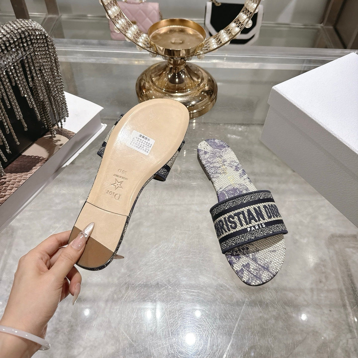 OBLIQUE LOGO CANVAS SLIDE SANDALS