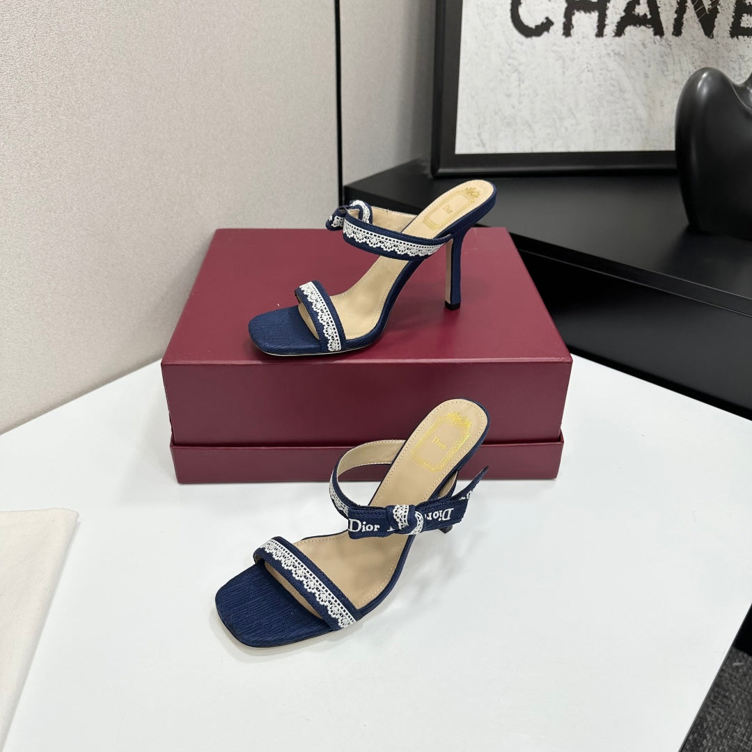 NAVY LACE TRIM LOGO STRAP HEEL SANDALS