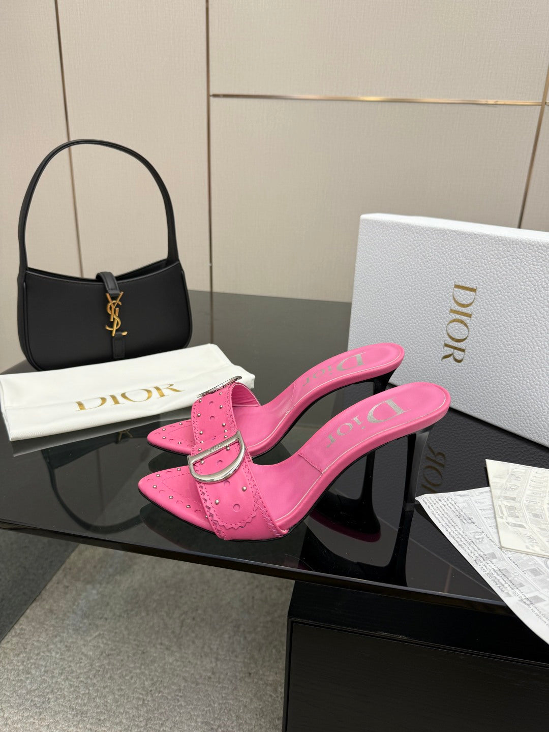 PINK STUDDED LOGO MULE HEELS
