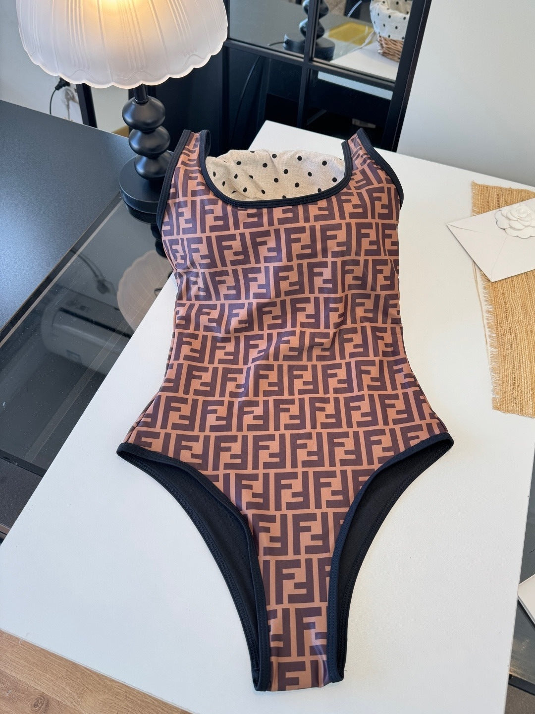 BROWN MONOGRAM SCOOP NECK ONE-PIECE SWIMSUIT
