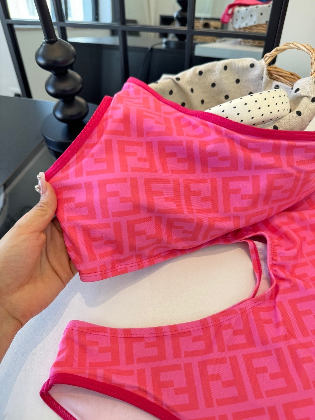 PINK MONOGRAM ONE-SHOULDER CUT-OUT ONE-PIECE SWIMSUIT