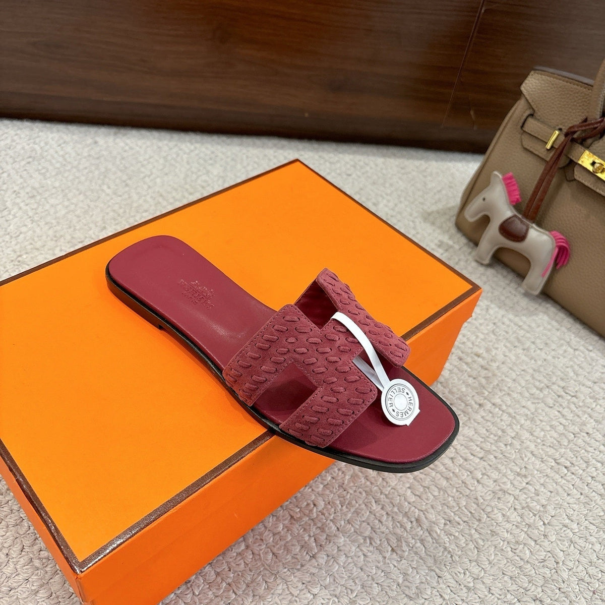 BURGUNDY SUEDE SLIDE SANDALS