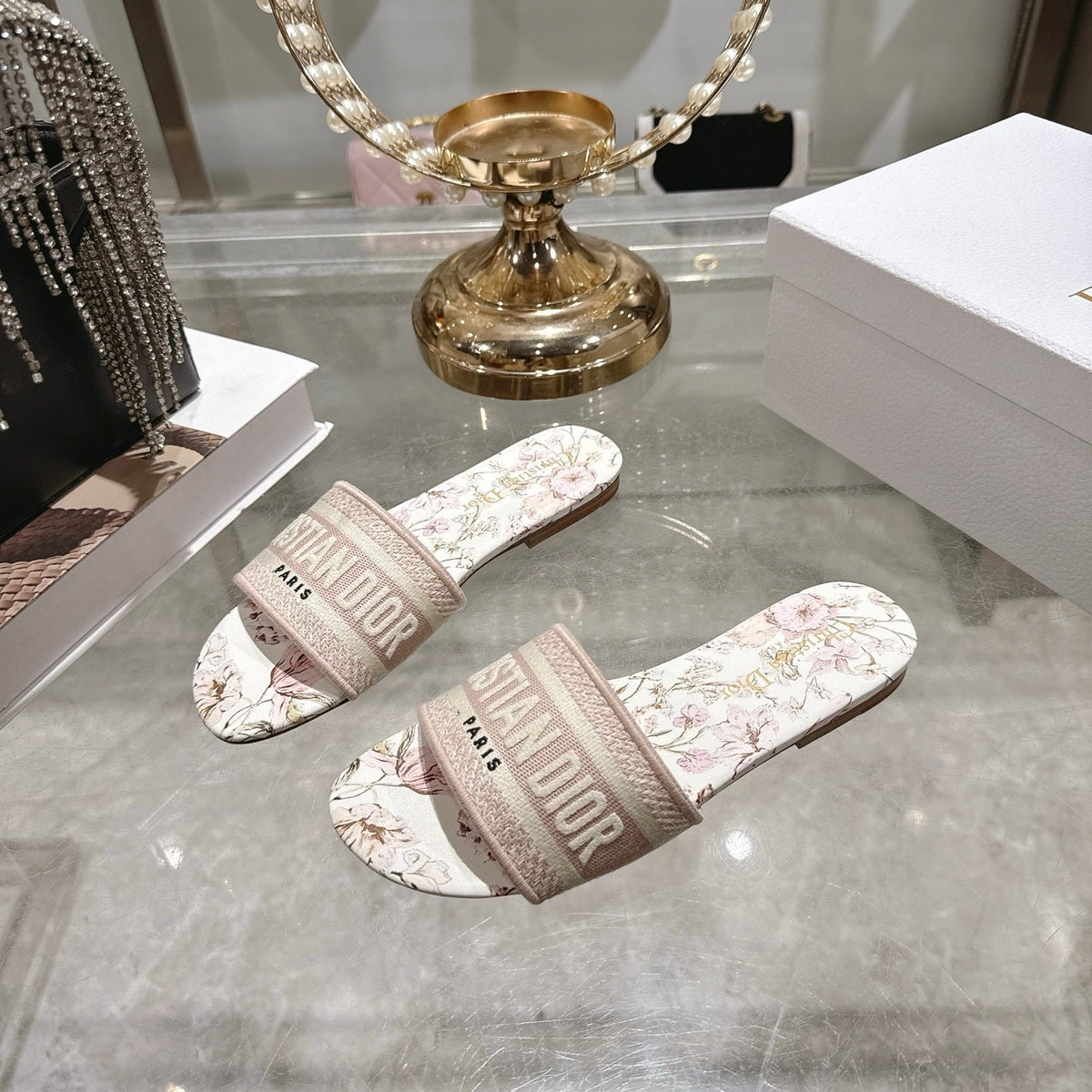 FLORAL PRINT LOGO STRAP SLIDE SANDALS