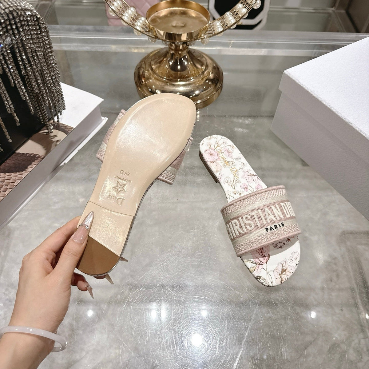 FLORAL PRINT LOGO STRAP SLIDE SANDALS